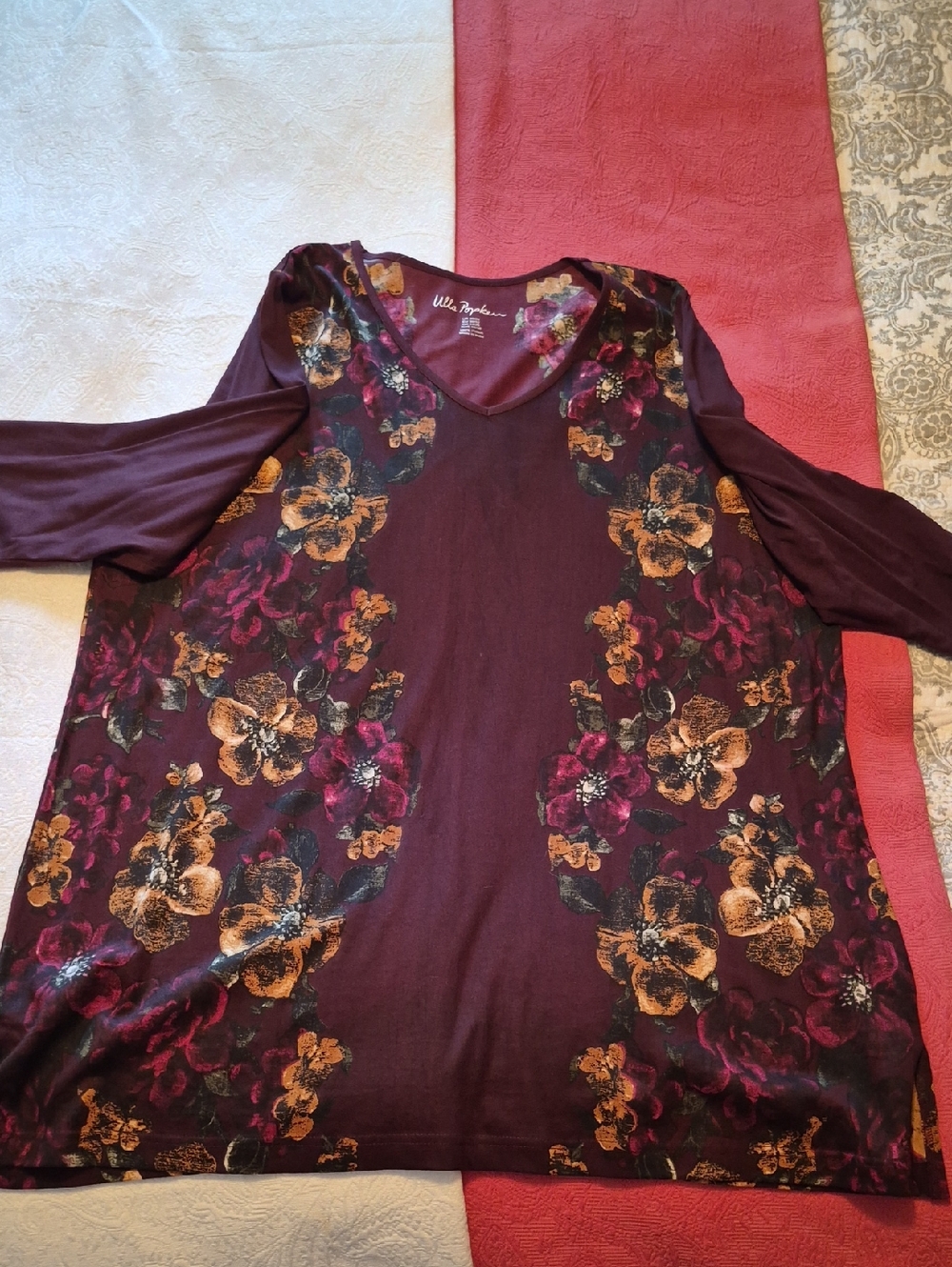 Ulla Popken Maroon Floral V-Neck Tunic with Gold and Plum Blooms